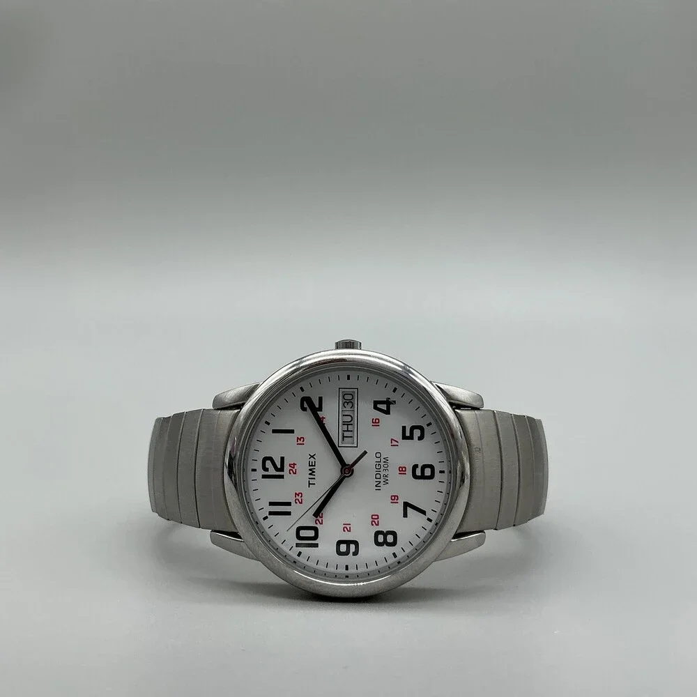 Timex Men Watch 35mm White Dial Silver Tone Stretch Indiglo Day Date New Battery